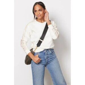 Evereve Lora Faux Leather Trim Pullover Sweatshirt Long Sleeve Cream Tan Small